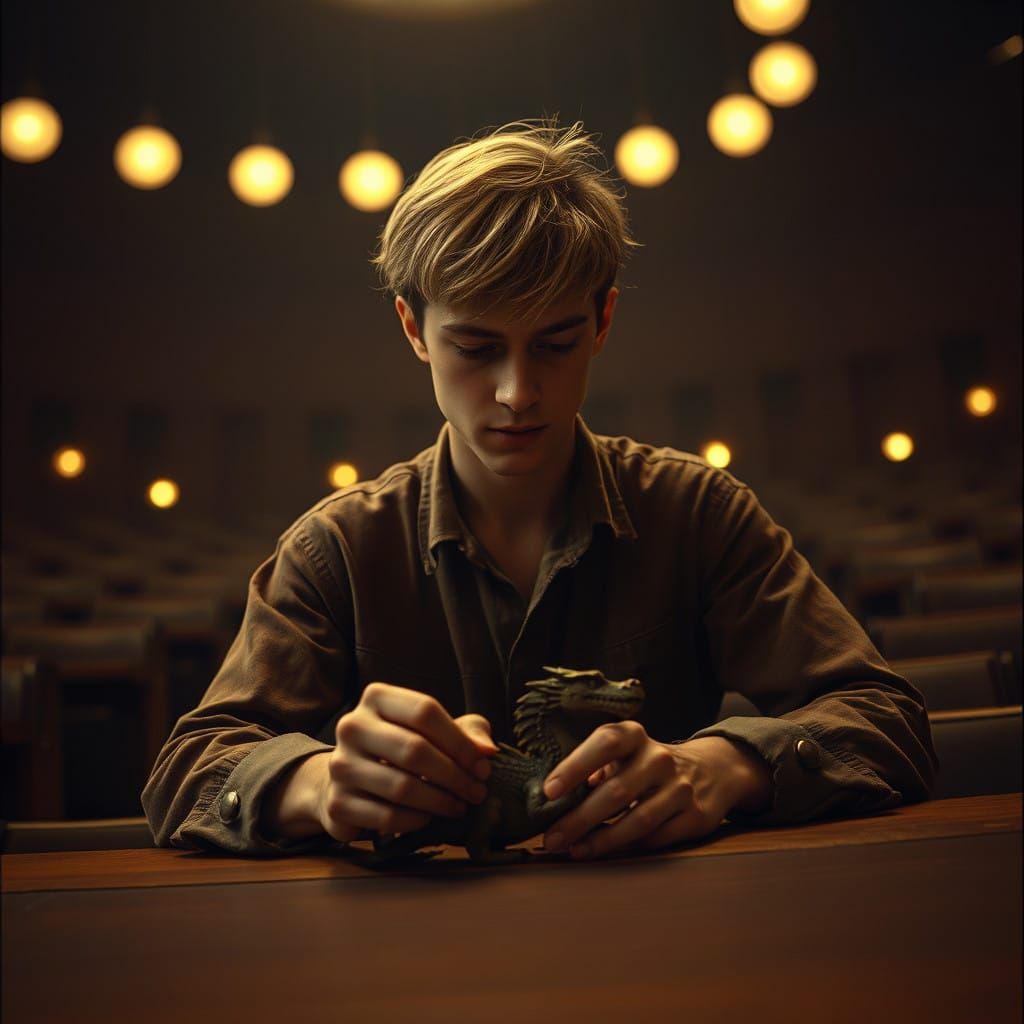 Man Carves Wooden Dragon in Dimly Lit Lecture Hall with Cine...