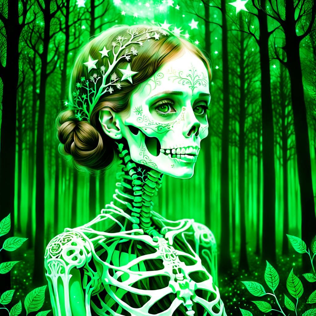 Ethereal Skeleton Portrait in Forest with Double Exposure