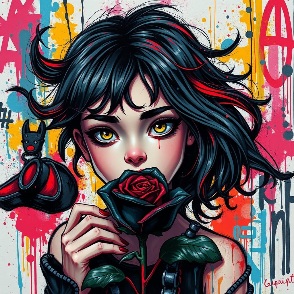 Vibrant Girl with Bold Hair and Mysterious Black Rose in Urb...