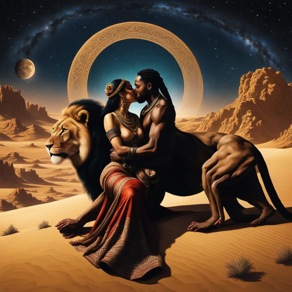 Gypsy Woman and Tribal Man Kissing Under Neptune Sky