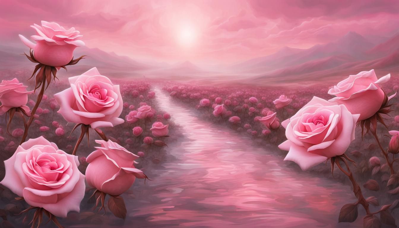 Dream Pink Roses in Surreal Landscape Painting