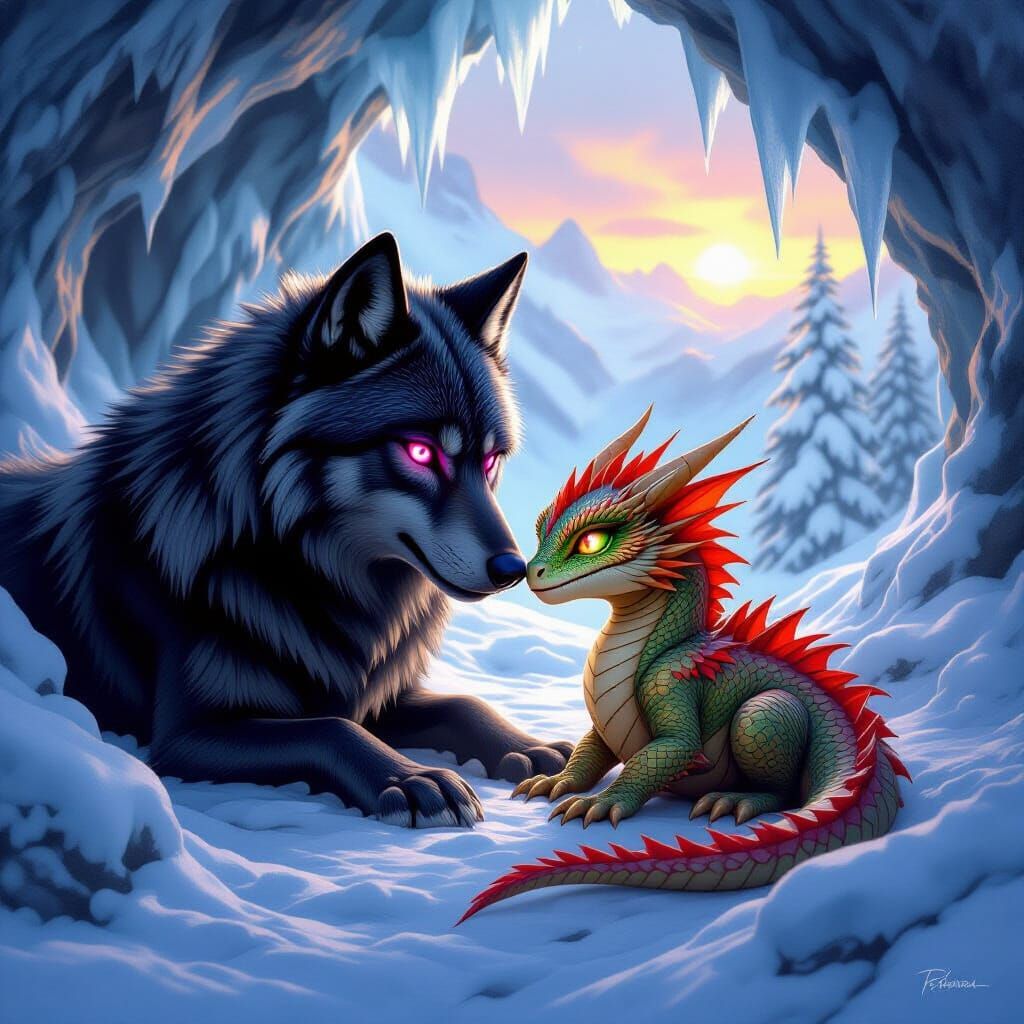 Black Wolf Comforts Young Dragon in Ice Cave
