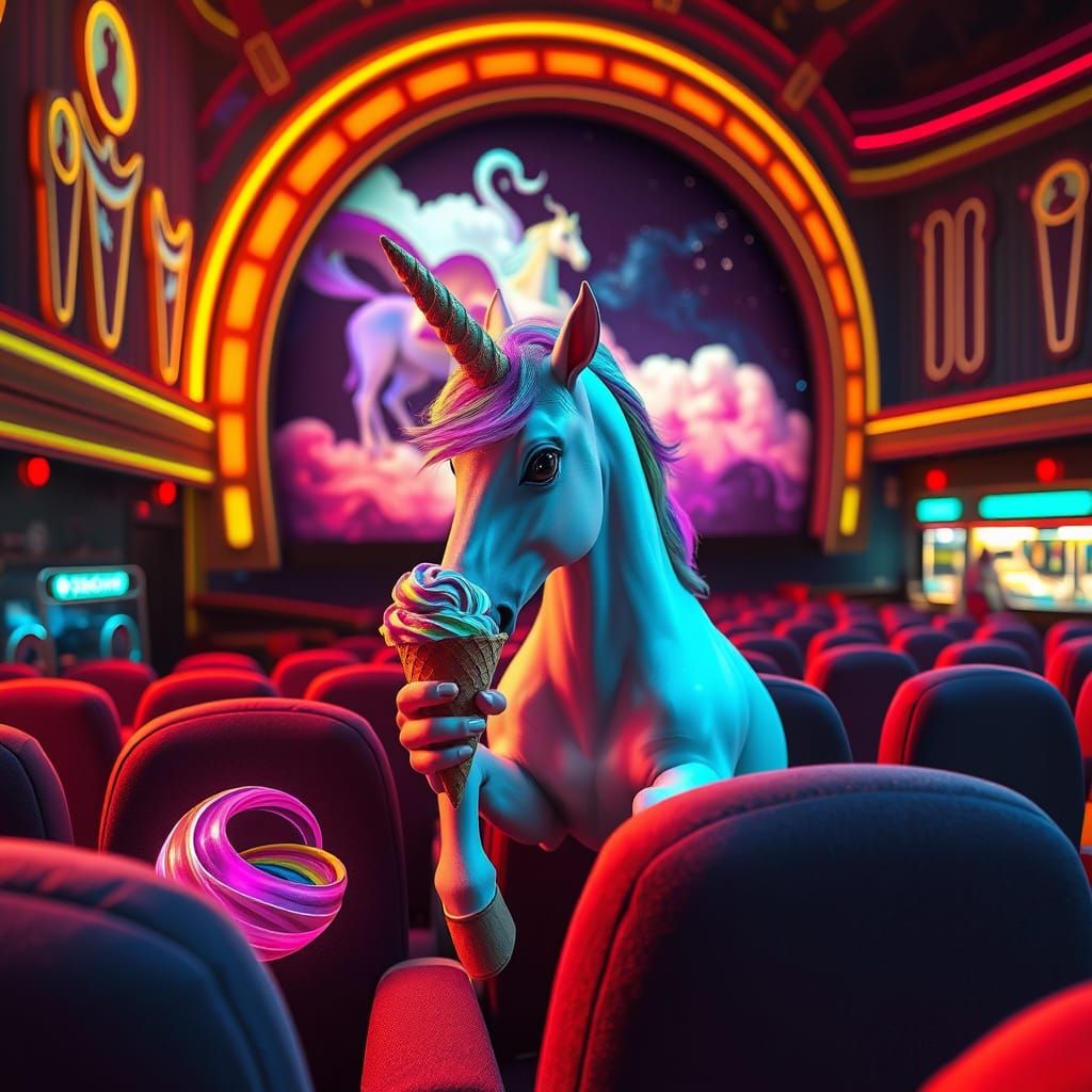 Whimsical Unicorn Savoring Ice Cream in a Dreamlike Cinema