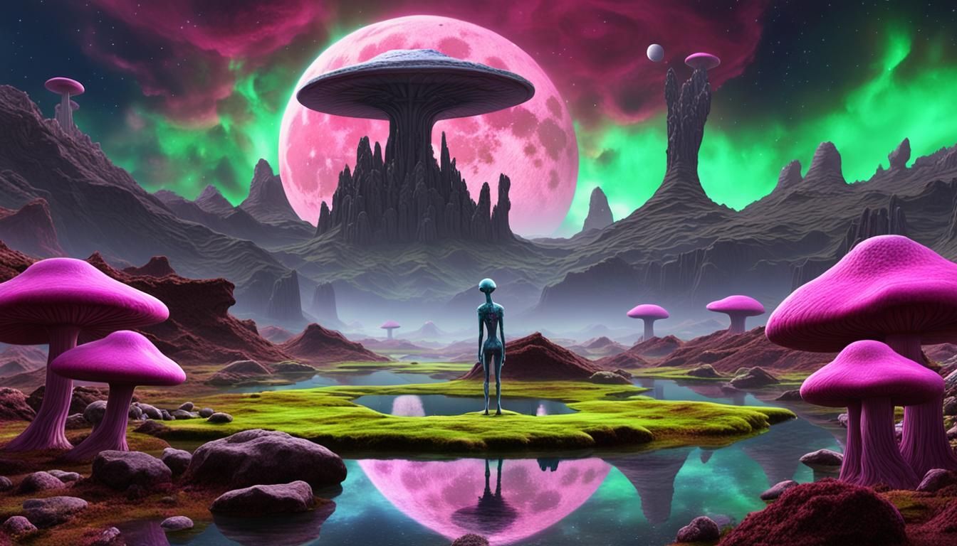 Gray Alien on Strange Planet with Bioluminescent Mushrooms