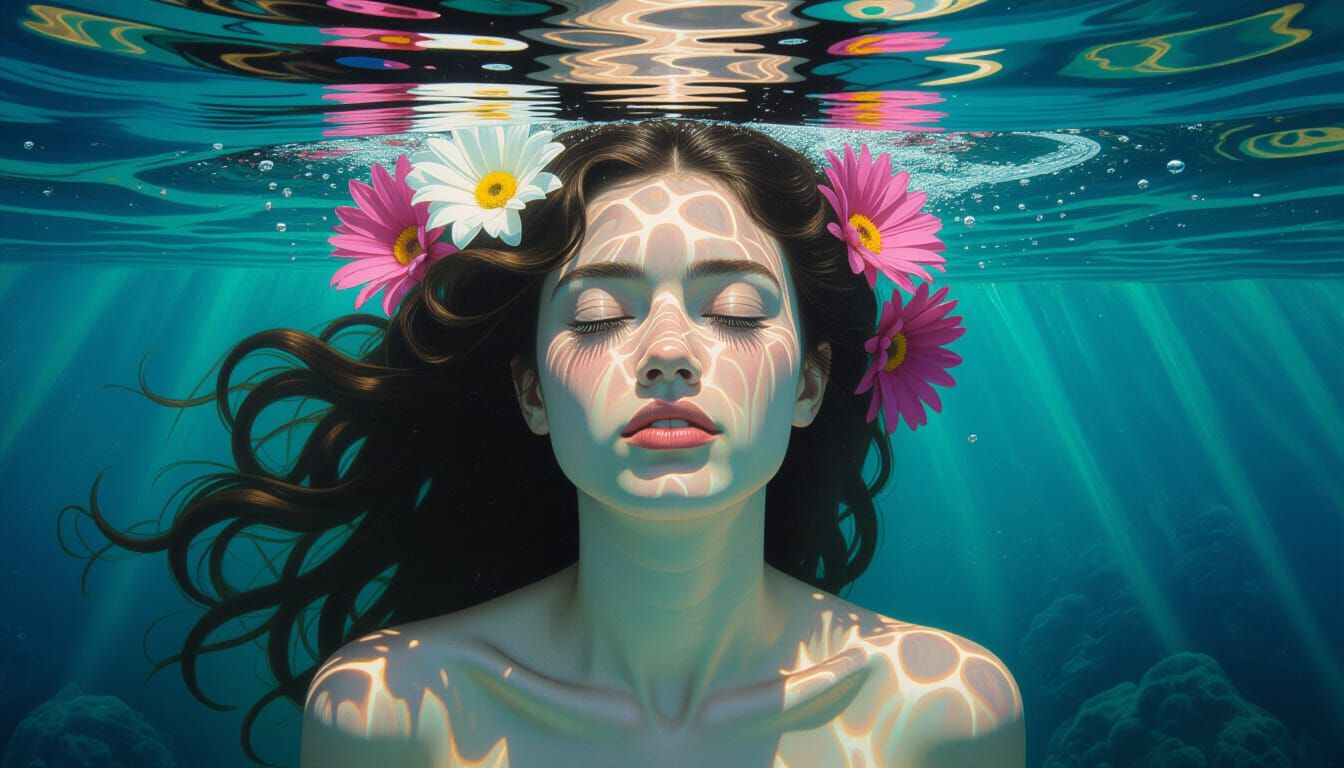 Underwater Siren Among Reflective Flowers in Reef Cavern