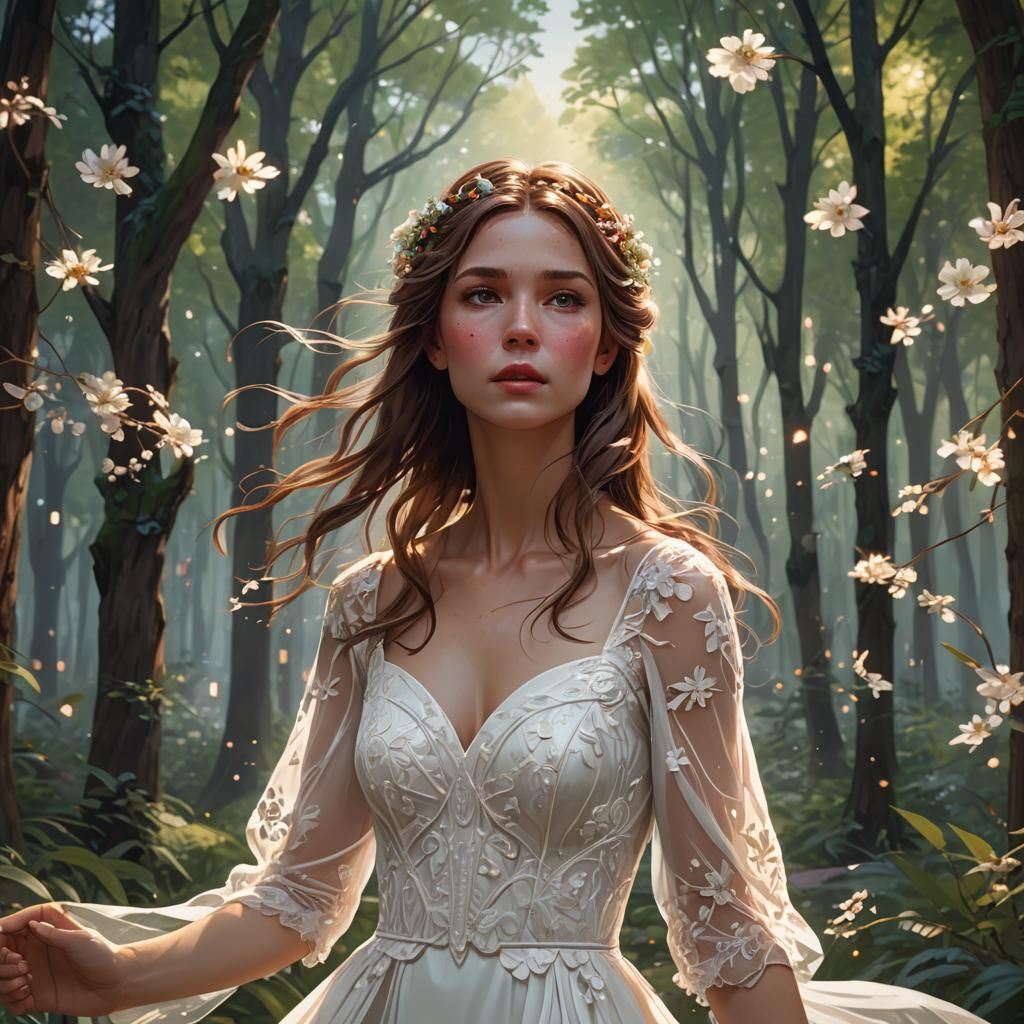 Woman in Floral Wedding Dress in Forest