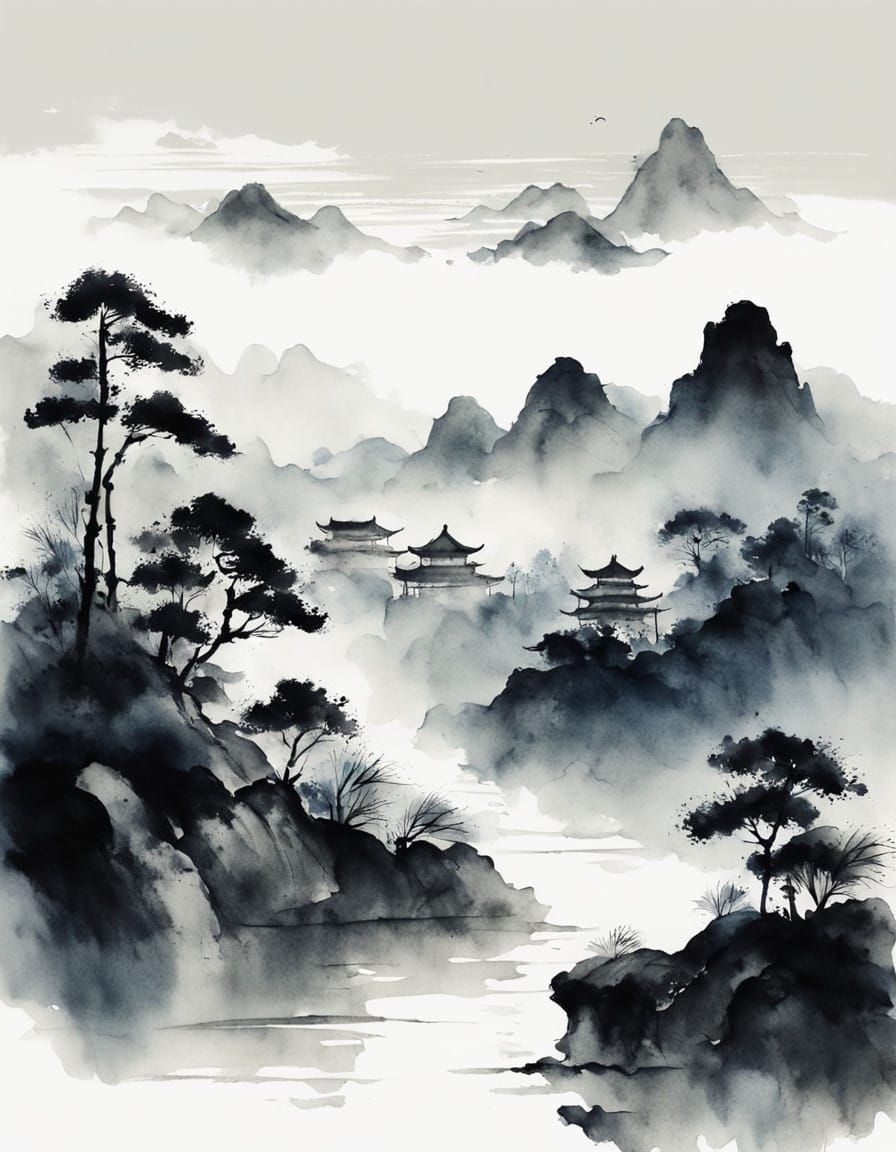 Elegant Chinese Watercolor of Guilin Mountains