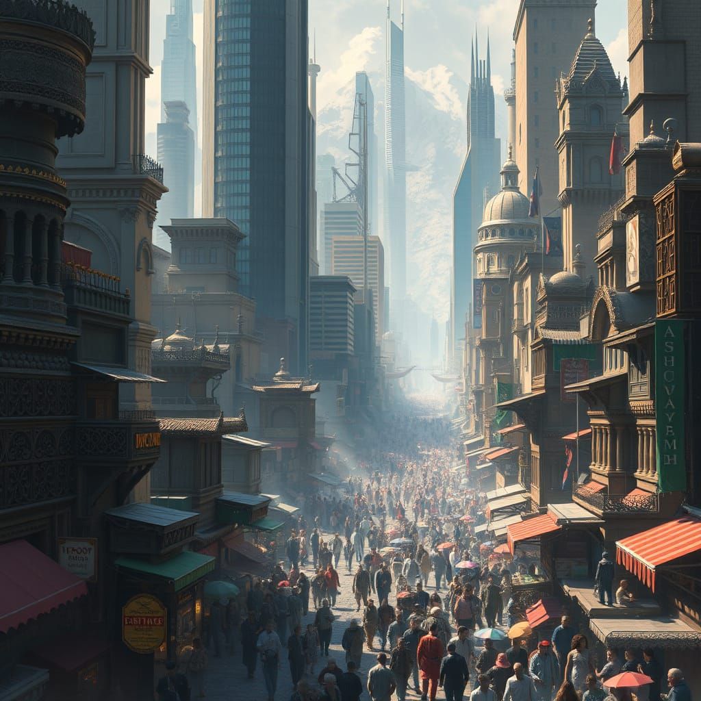 Epic Urban Fantasy Cityscape in Vibrant Colors and Intricate...