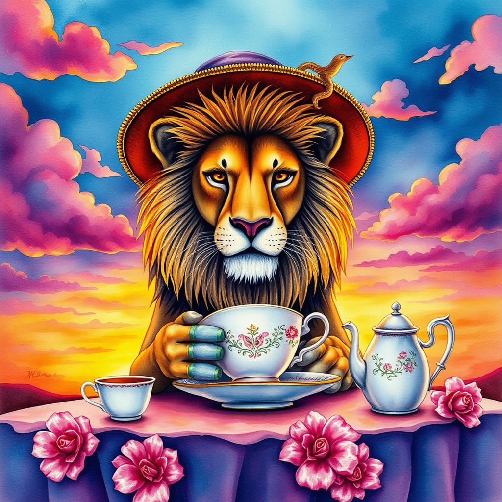 Lion at Tea Party: Alcohol Ink and Watercolor