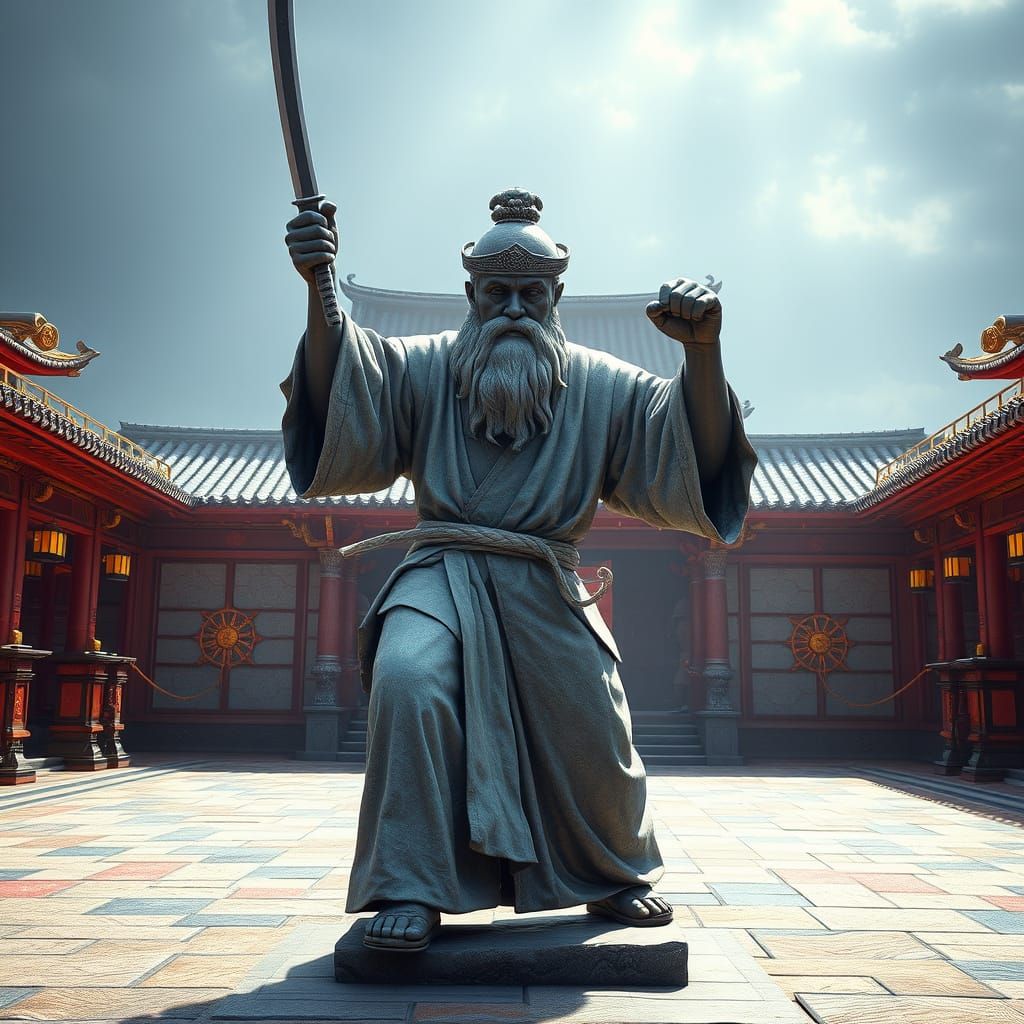 Karate Stone Statue in Ornate Courtyard, Dark Fantasy Art