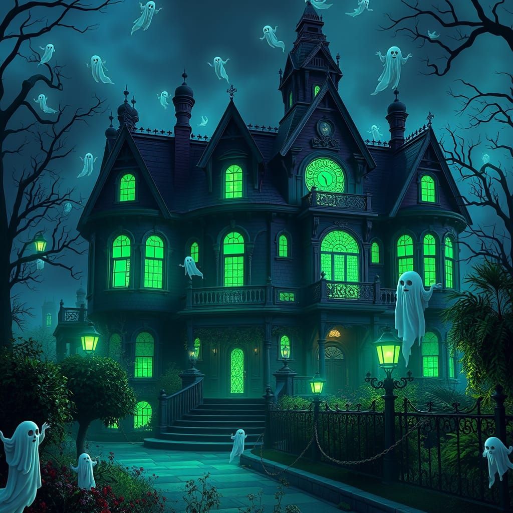 Haunted Mansion in Eerie Green Glow