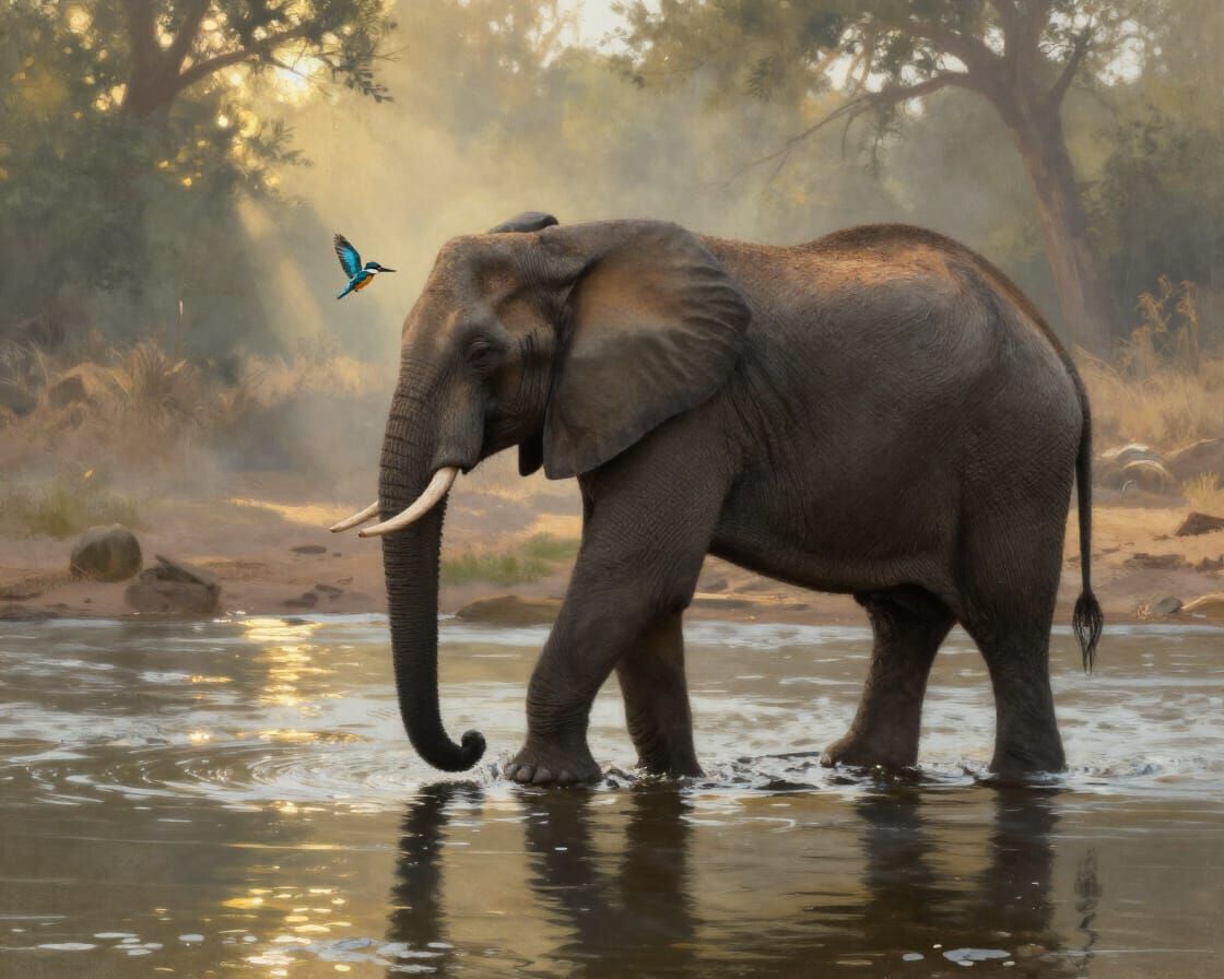 Majestic Elephant and Kingfisher in Golden Hour River