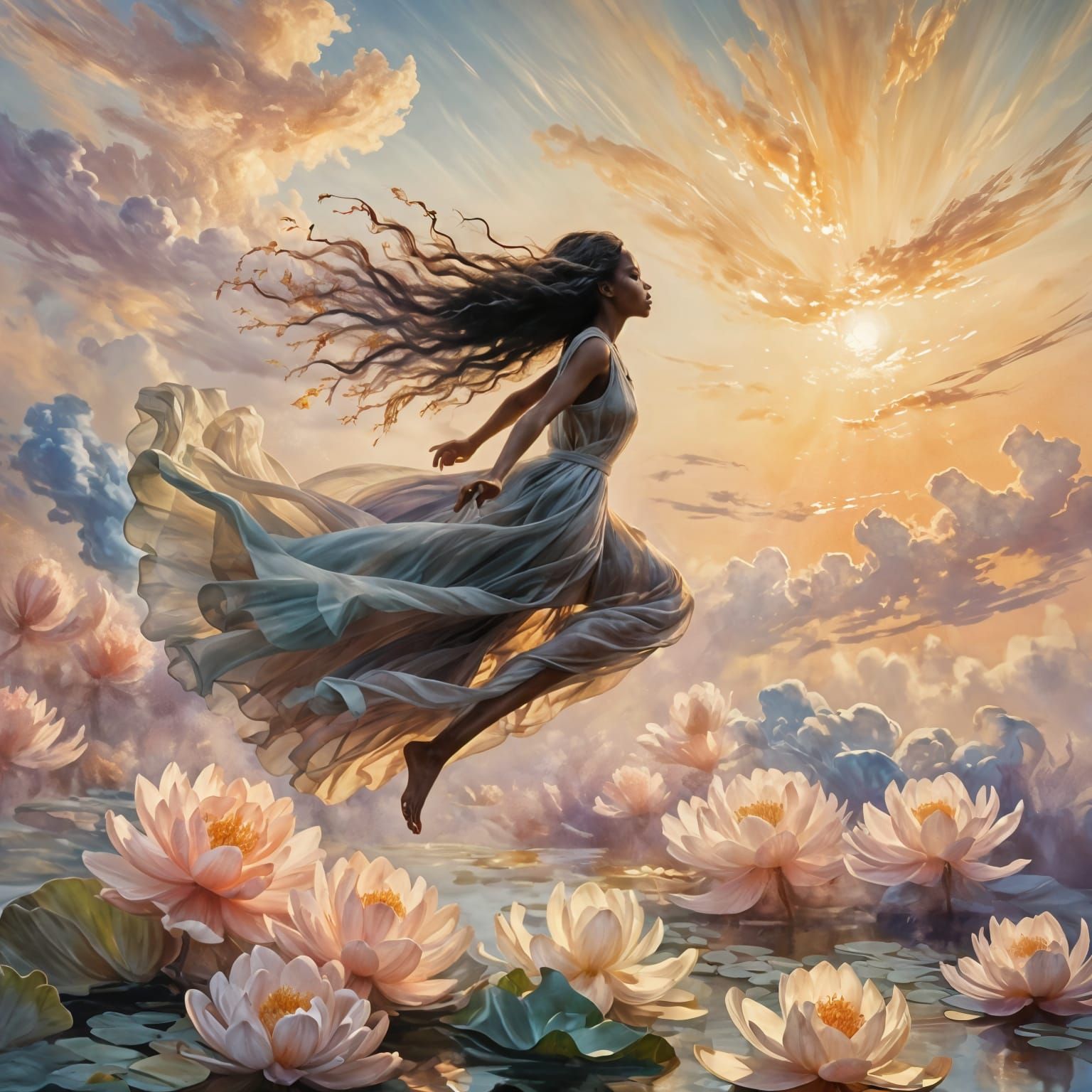 Black Woman in Ethereal Impressionistic Sky