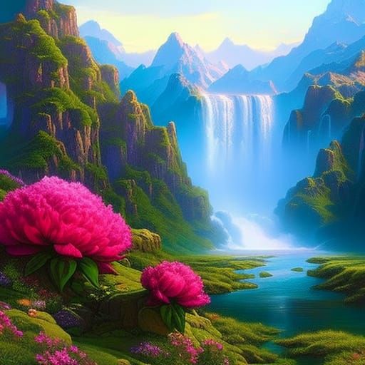 Epic Crystal Peonies in Snowy Mountain Landscape