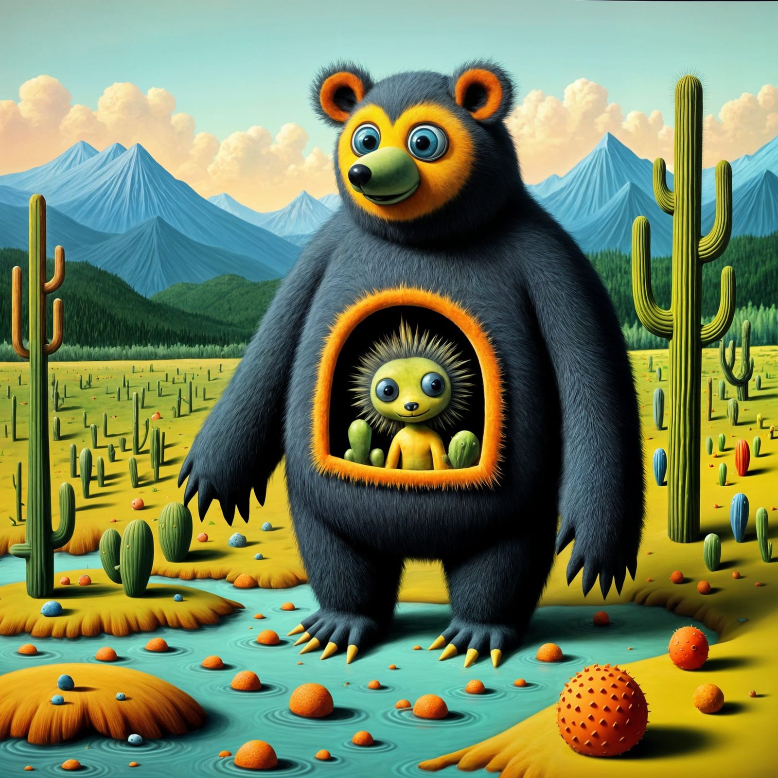 Surreal Bear with Barn Door Fishing in River