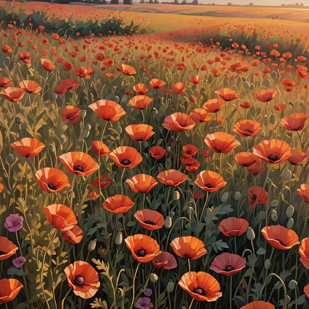 Poppy Field at Sunset in Vibrant Oil Painting Style