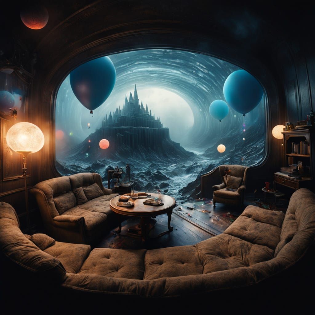 Surreal 90s Fantasy Basement in Eerie Antarctic Landscape