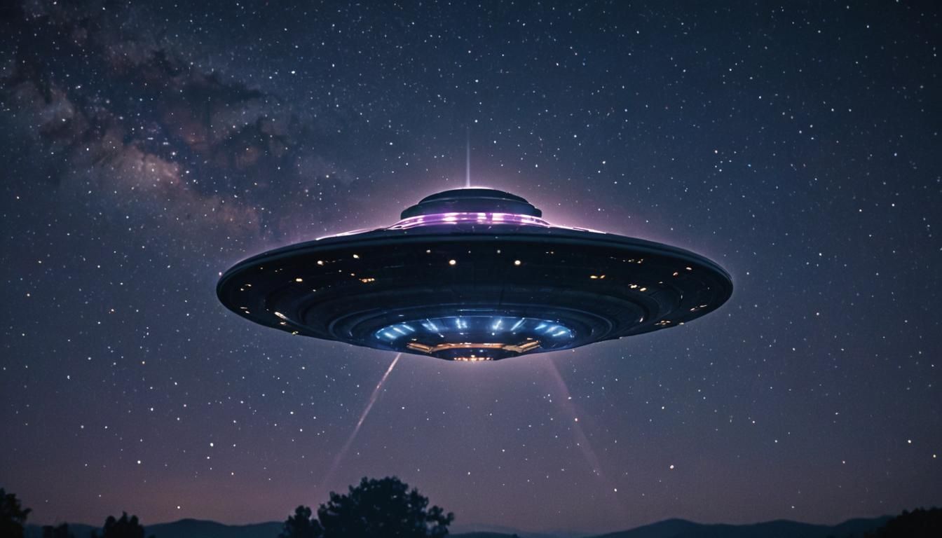 UFO Saucer in Starry Night Sky: Cinematic Film Still