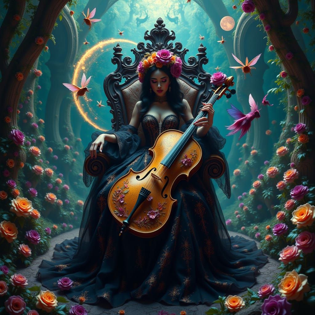Gothic Victorian Woman Plays Cello in Enchanted Realm