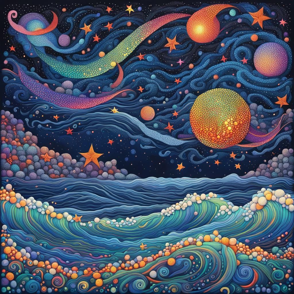 Surreal Night Sky Ocean in Vibrant Zentangle Pointillism