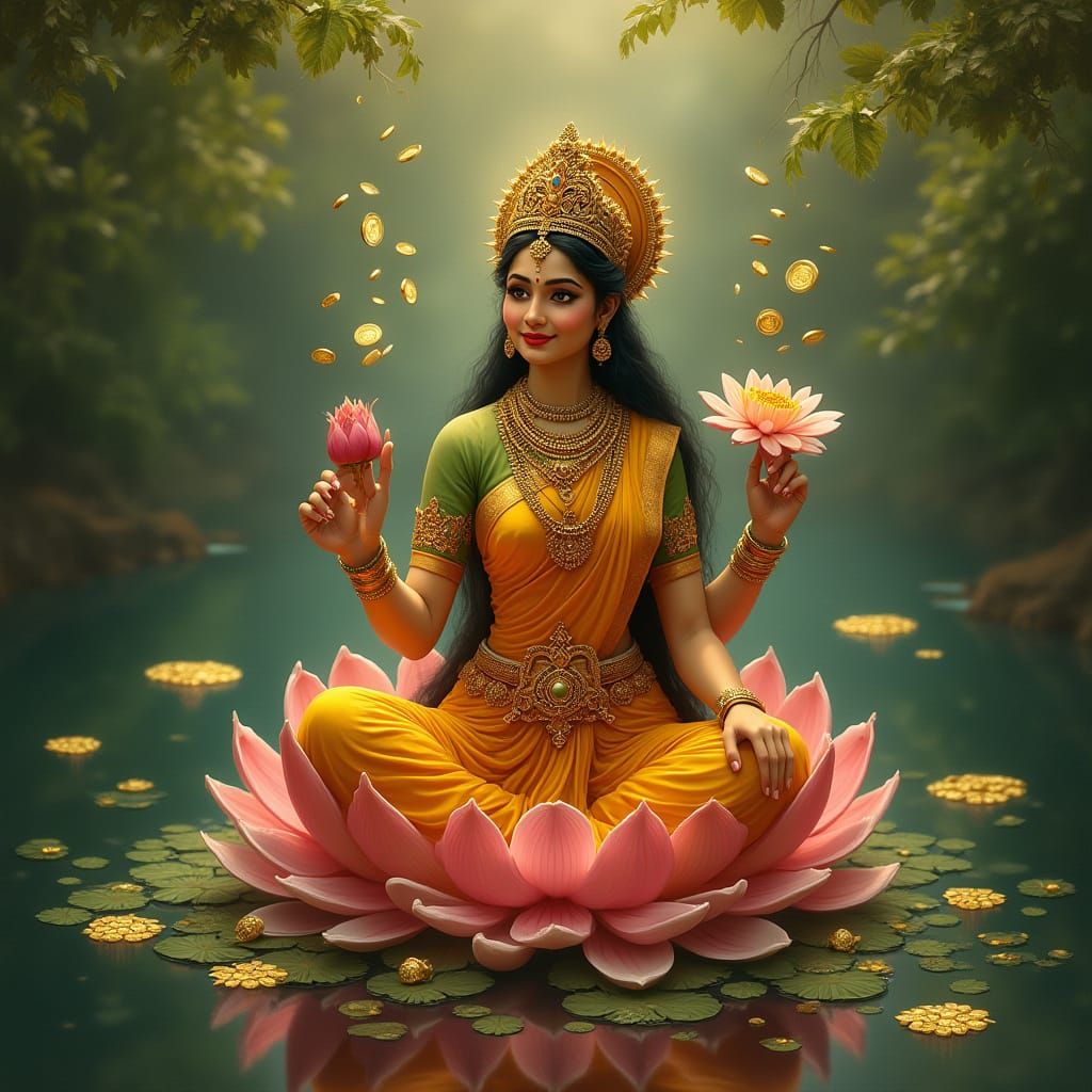 Goddess Lakshmi on Lotus in Alphonse Mucha Style