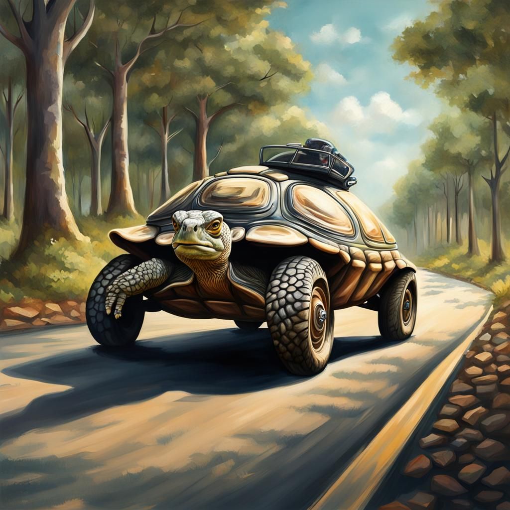 Tortoise Drives a Racecar on Forest Road