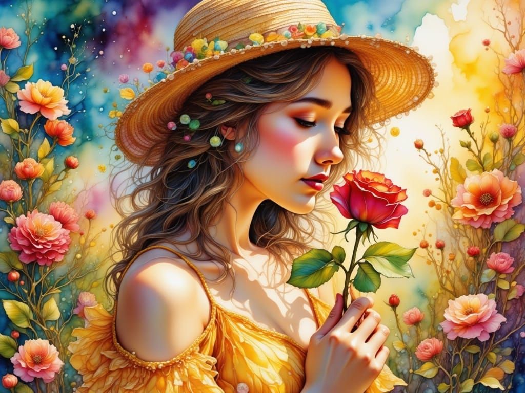 Woman in Yellow Dress with Rose, Watercolor Style