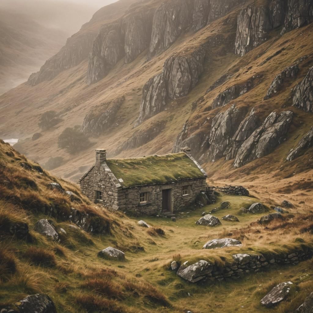 Misty Valley Bothy: A Rustic Scottish Landscape
