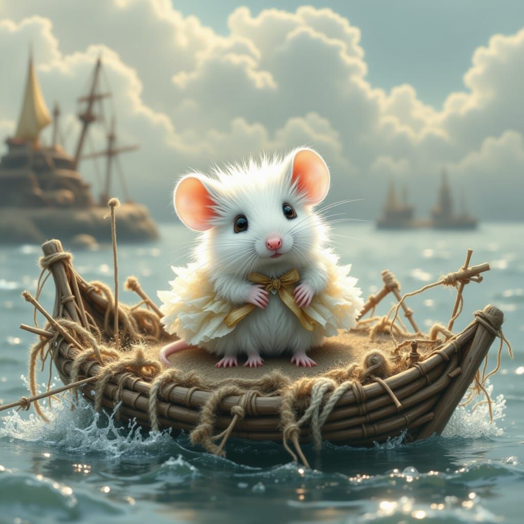 Shipwrecked White Mouse on Raft, Ragged Clothing
