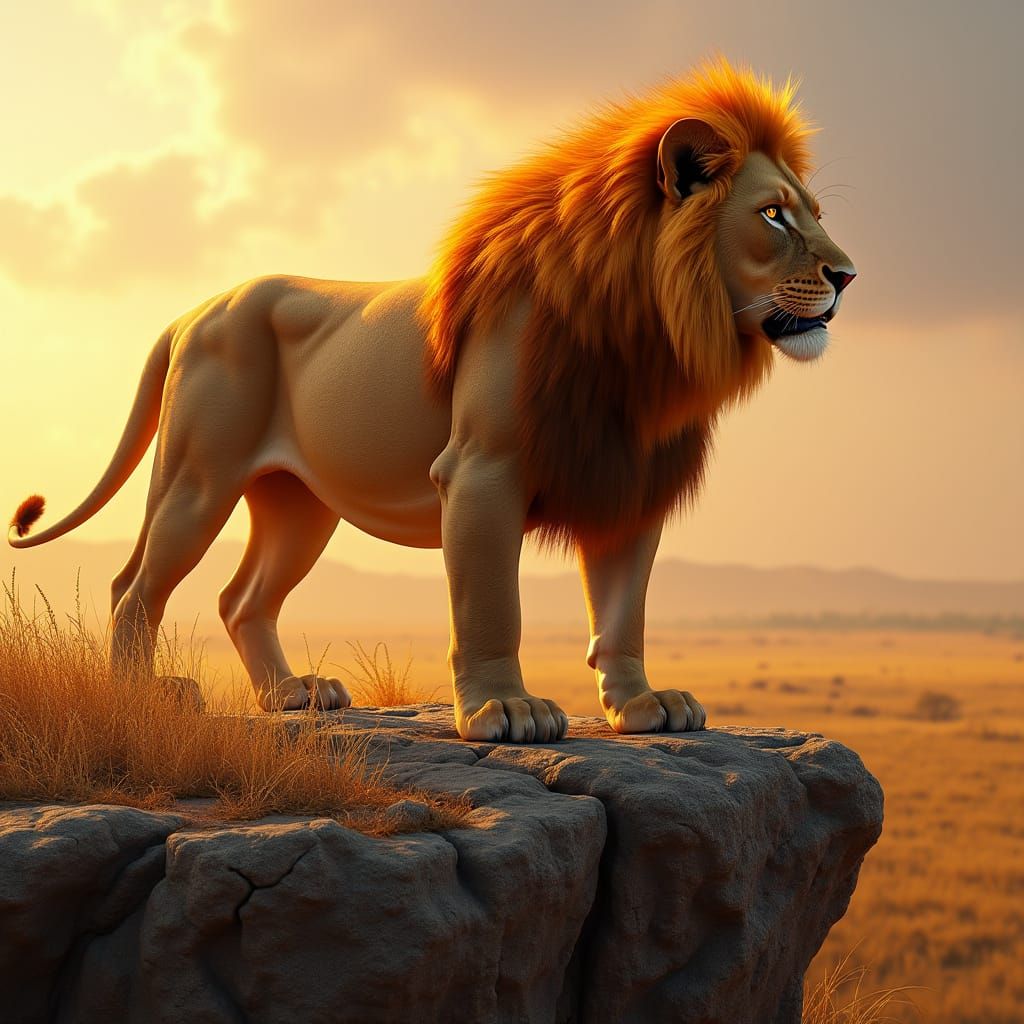 Fiery Lion Overlooking Savanna, in Hyperrealistic Style