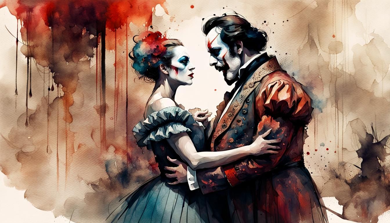 Pagliacci Opera Scene in Stylized Watercolor