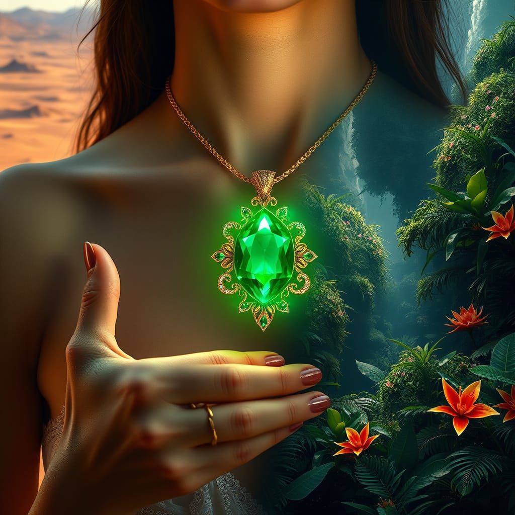 Dazzling, gold Necklace, Large emerald in center, bright green magical light shining outward from the emerald onto its s...