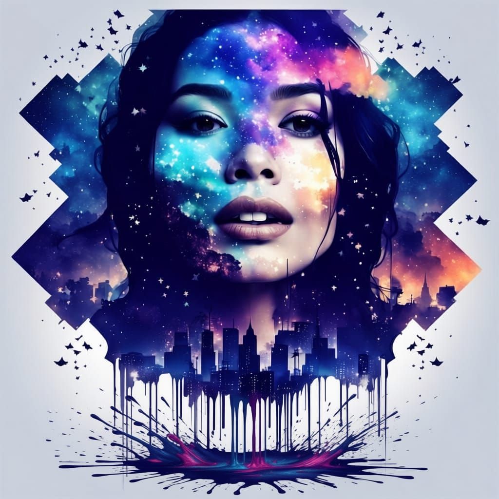 Galaxy Drips Into Starry Ocean Cityscape Double Exposure