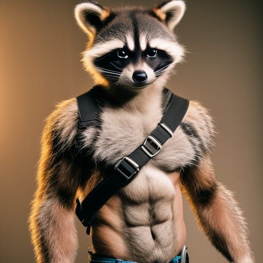 Rocket raccoon, mohawk, hair, muscular, abs, big arms, big legs, feet, anthro, eyes, smile, Professional photography, bo...