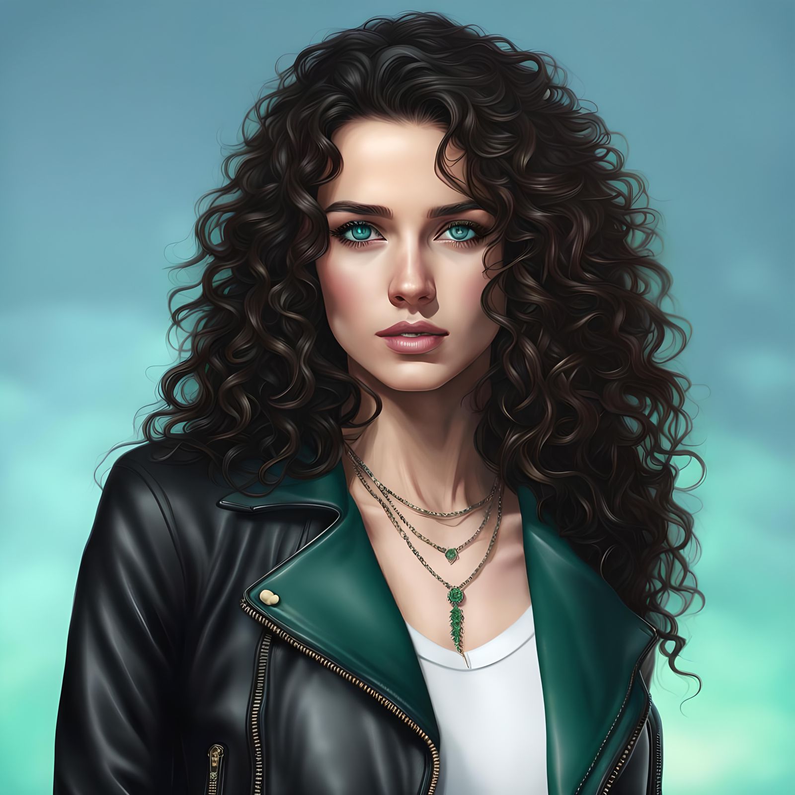 Young Woman in Leather Jacket with Soft Blue Backdrop