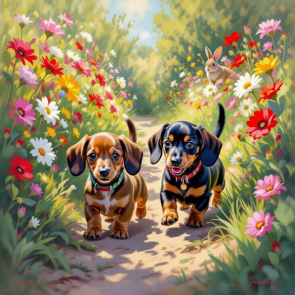 Dachshund Puppies Chase Bunny in Impressionist Garden