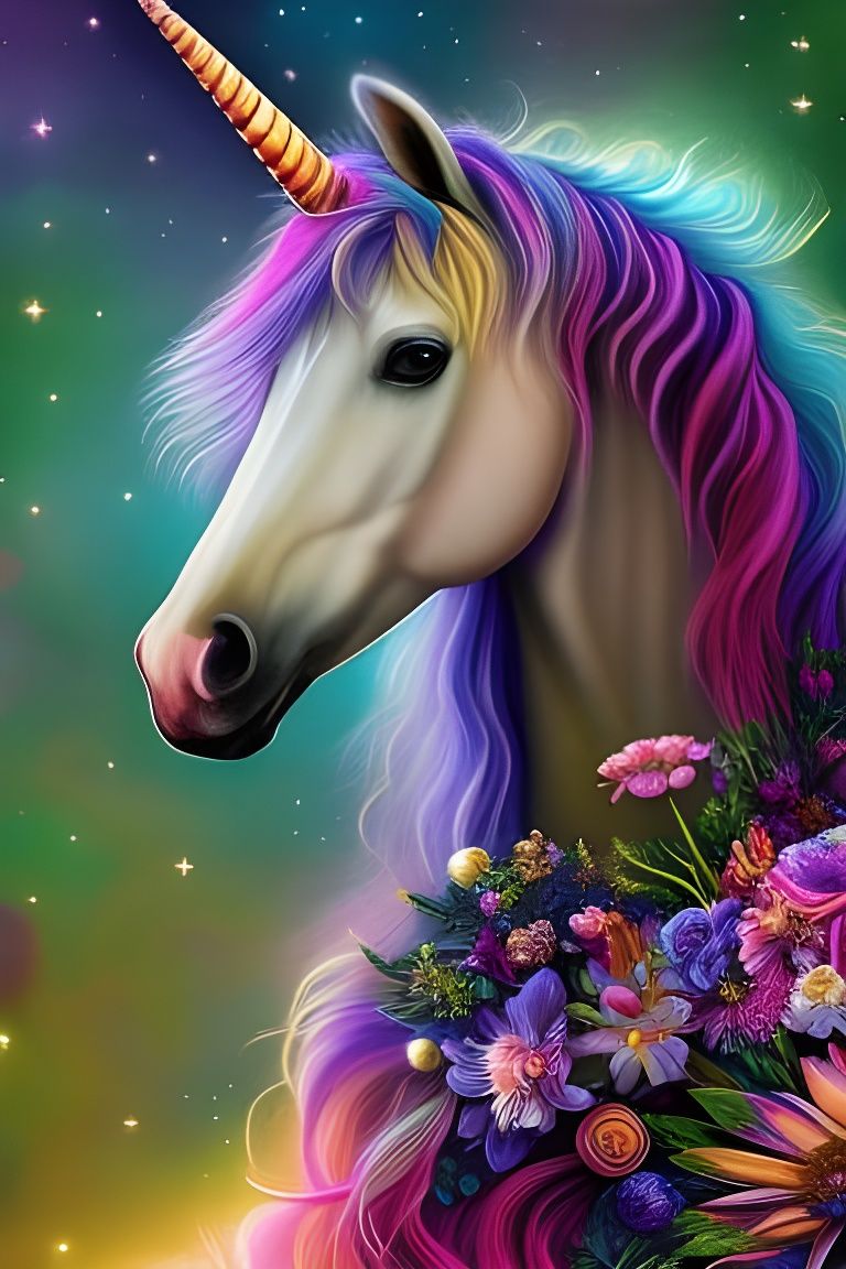 Cosmic Unicorn with Flowers in 3D, Detailed