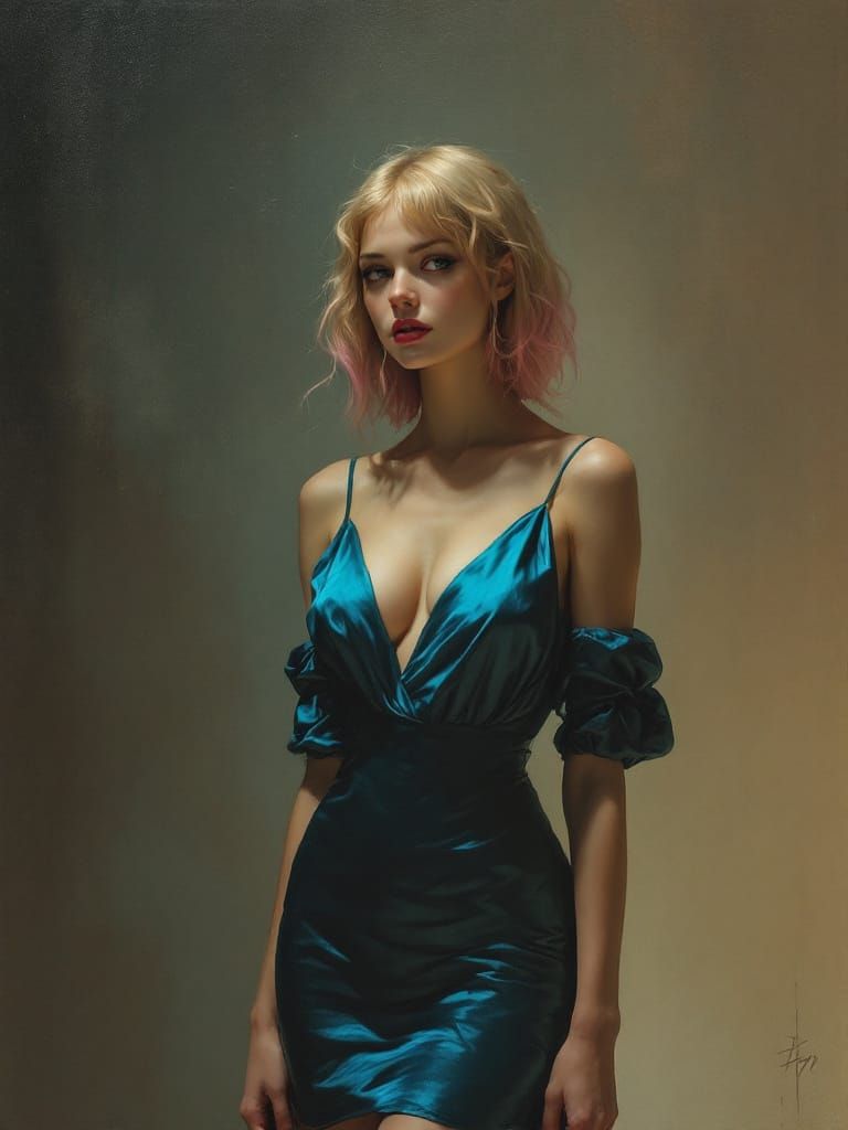 Pin Up Woman in Metallic Dress, Symbolist Atmosphere