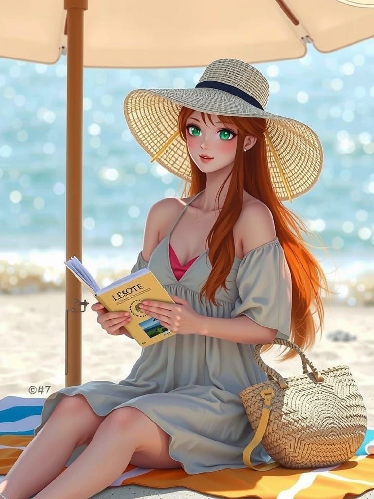Japanese Woman in Summer Beach Attire, Surrounded by Relaxin...