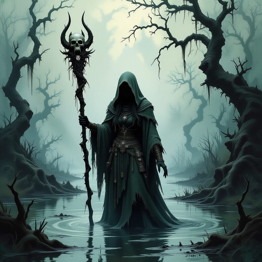 Druidess in Blighted Swamp: Gothic Dark Fantasy