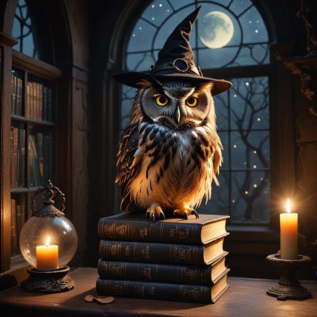 Whimsical Owl Familiar in Gothic Fantasy Illustration