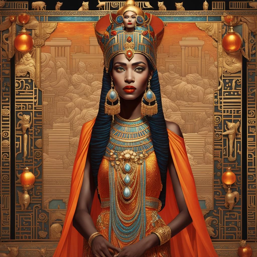 Cleopatra in Glowing Orange Gown: Digital Painting