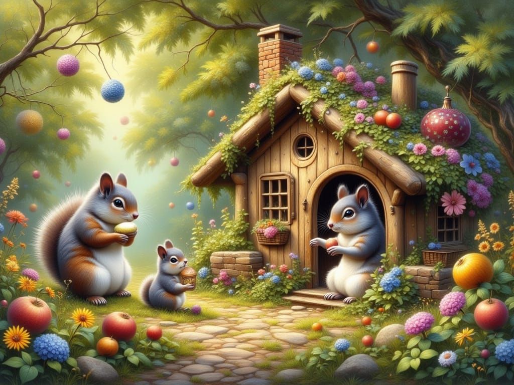 Whimsical Squirrel Family in Vibrant Oil Painting