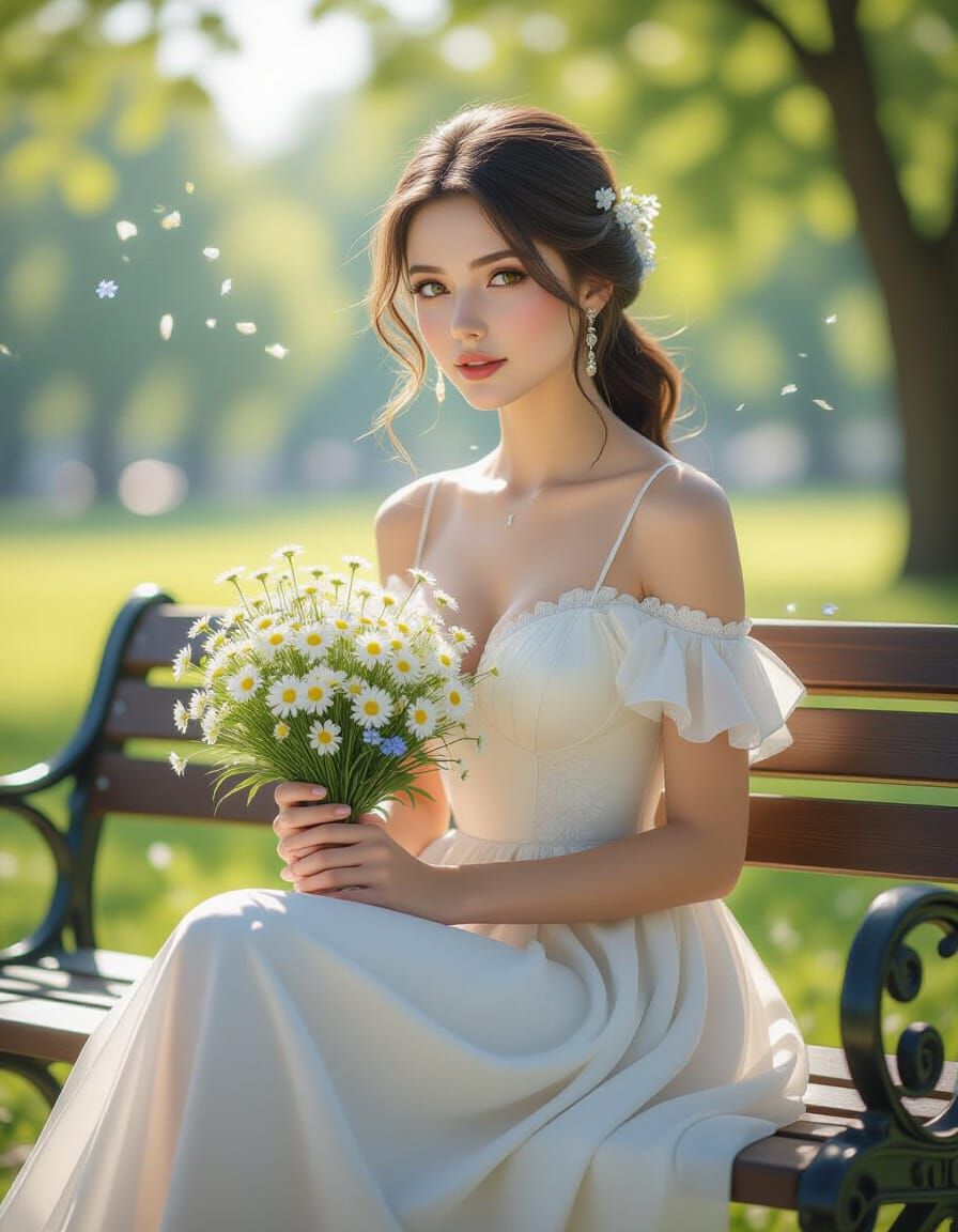 Woman with Flowers in Summer Park, Digital Art