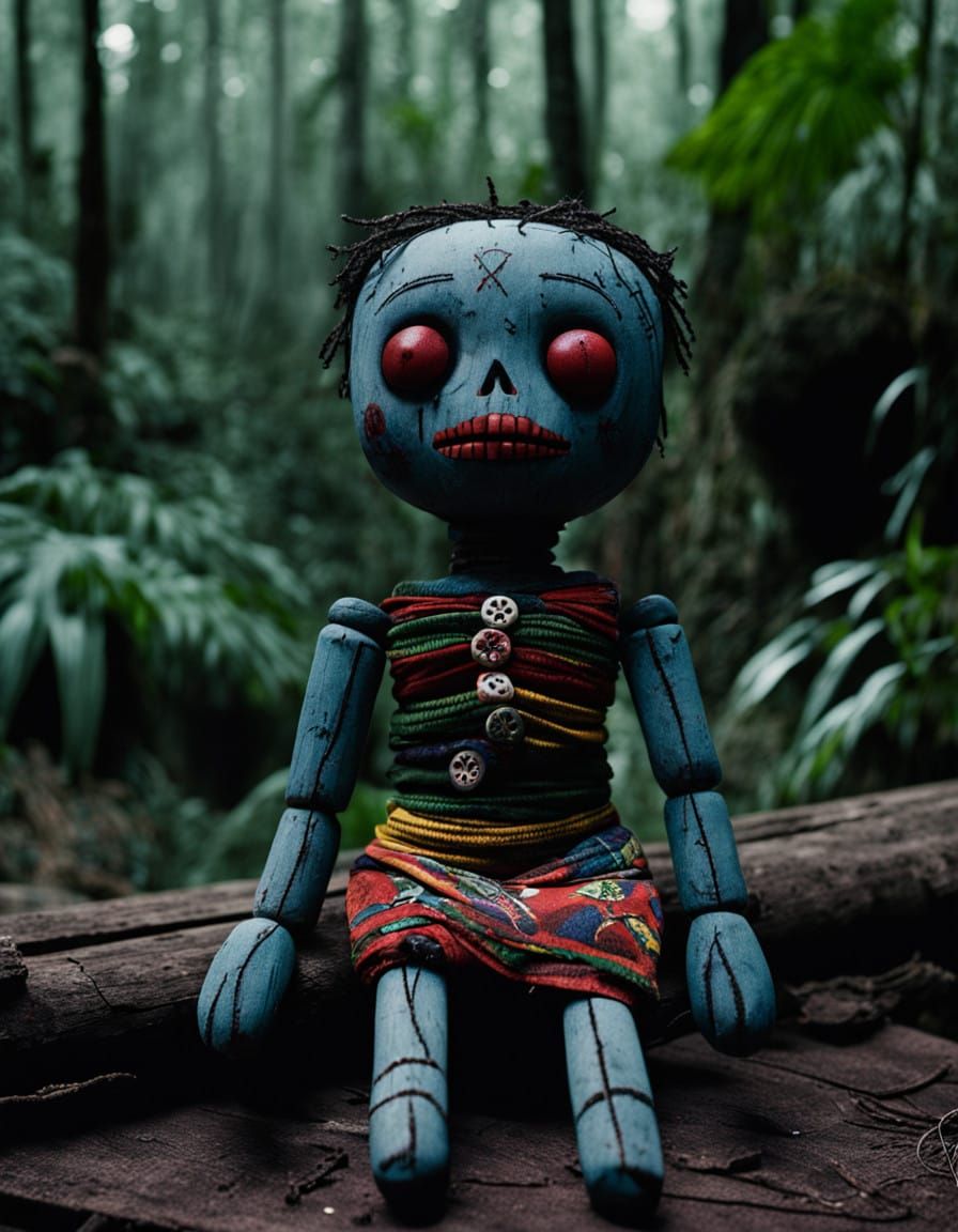 Dark Voodoo Doll in Tropical Jungle, Haitian Cloth, Dark Mag...