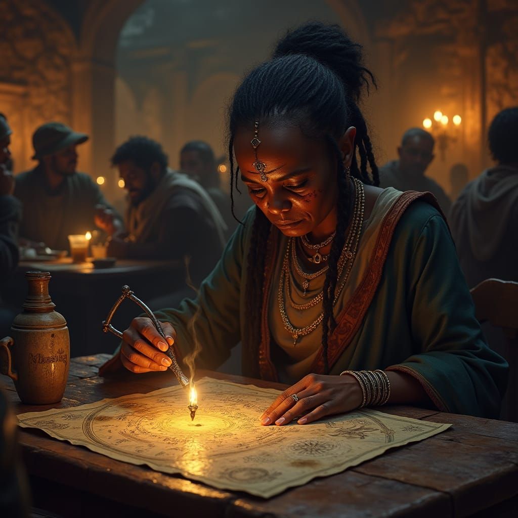 African Elder Studies Celestial Map in Dim Tavern