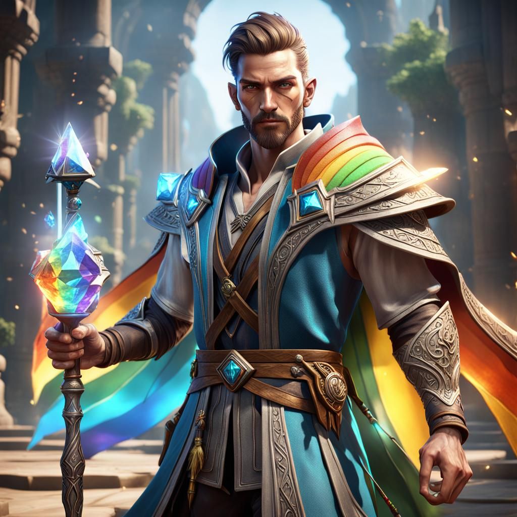 Young Mage with Rainbow Crystal Staff in 3D