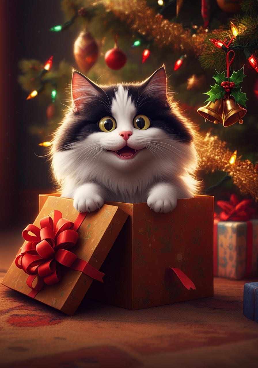 Whimsical Christmas Cat in Festive Hues, 8K Cinema Style