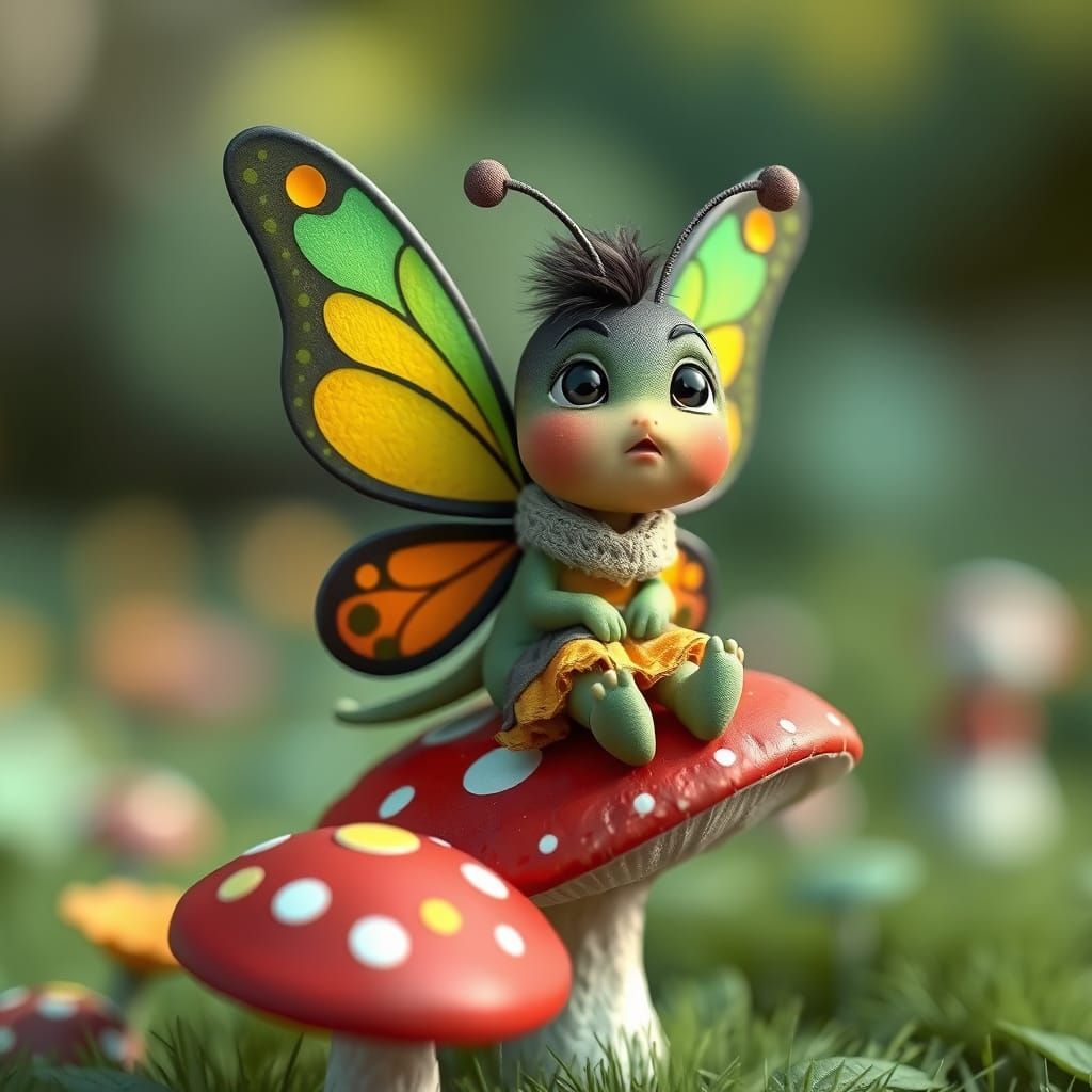 Cute Confused Butterfly on Toadstool in Pixar Style