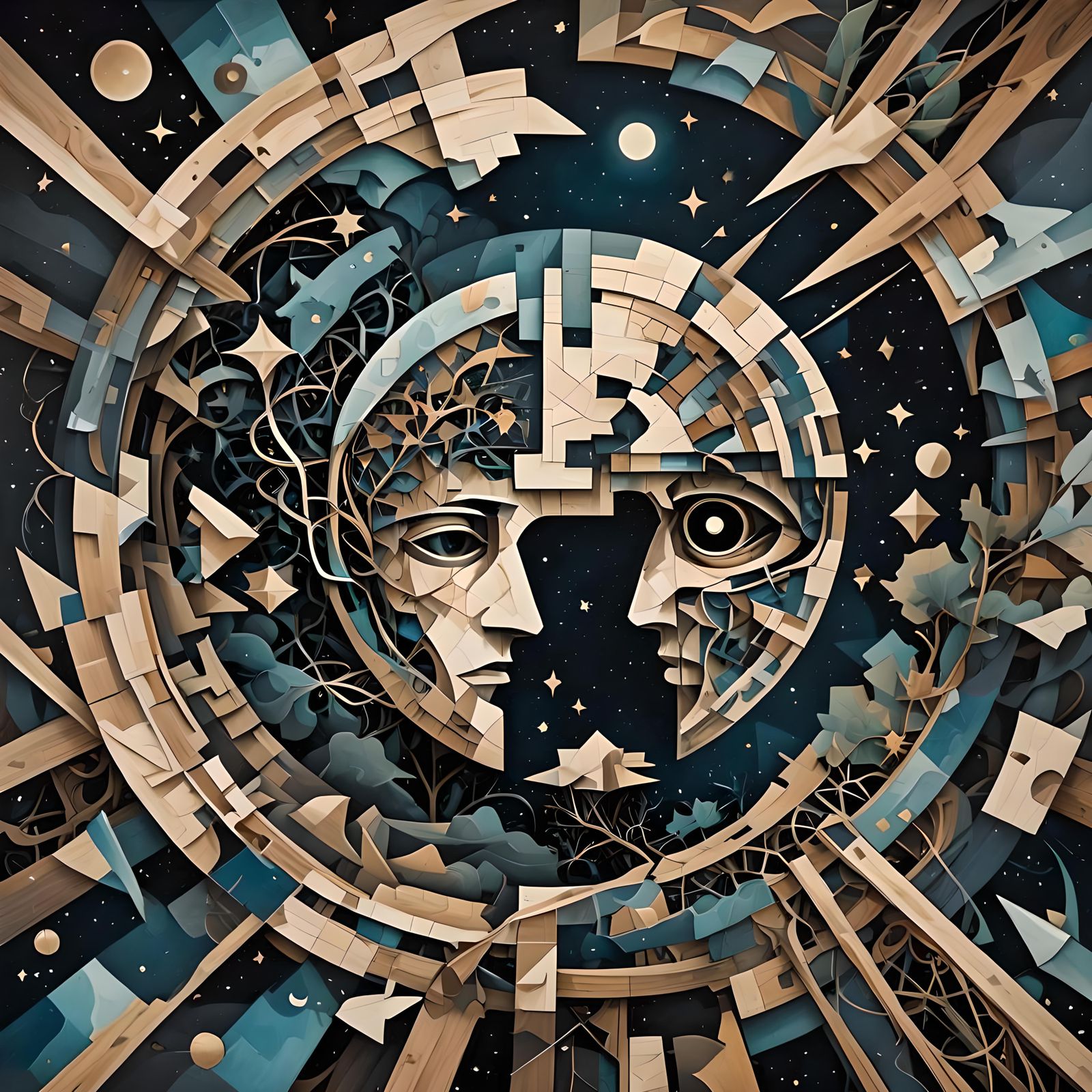 Apocalyptic Marquetry: Split Image in Cubist Art Deco Style